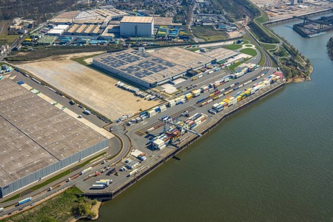 Aerial view, Duisburg-Nord, duisport logport VI Walsum, logport 6 on the river Rhine, container