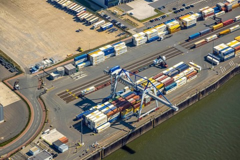 Aerial view, Duisburg-Nord, duisport logport VI Walsum, logport 6 on the river Rhine, container