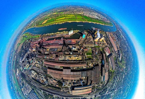 Aerial view, Hüttenwerke Krupp Mannesmann HKM on the river Rhine, coking plant and cooling towers