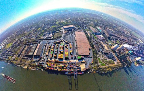 Aerial view, duisport harbour, logport II Wanheim, logport 2, container terminal on the river Rhine