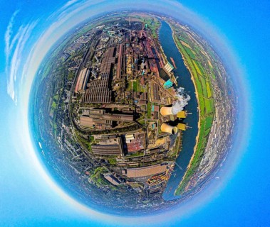 Aerial view, Hüttenwerke Krupp Mannesmann HKM on the river Rhine, coking plant and cooling towers
