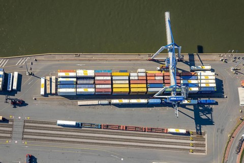 Aerial view, Duisburg-Nord, duisport logport VI Walsum, logport 6 on the river Rhine, container