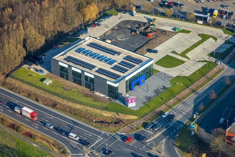 Aerial view, construction area with new Mensing Galerie building on the corner of Werler Straße and