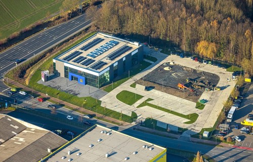 Aerial view, construction area with new Mensing Galerie building on the corner of Werler Straße and