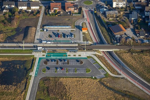 Aerial view, planned local transport connection with stop in Westtünnen, construction site at