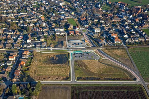 Aerial view, planned local transport connection with stop in Westtünnen, construction site at