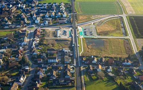 Aerial view, planned local transport connection with stop in Westtünnen, construction site at