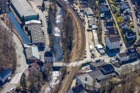 Aerial view, railway crossing Osemundstraße and bridge over the river Volme, Volme bridge on the