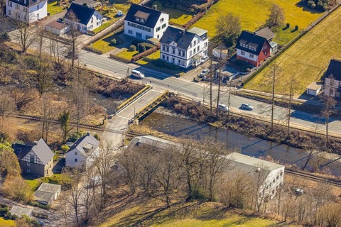 Aerial view, railway crossing Rehbecke and bridge over the river Volme, Volme bridge at the federal