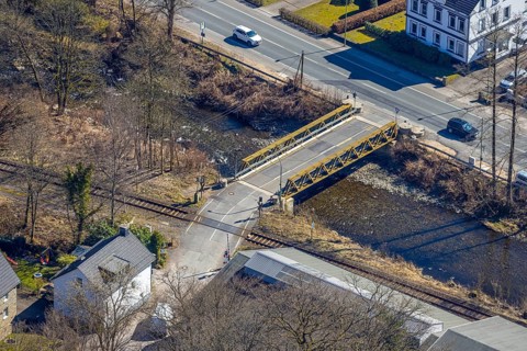 Aerial view, railway crossing Rehbecke and bridge over the river Volme, Volme bridge at the federal