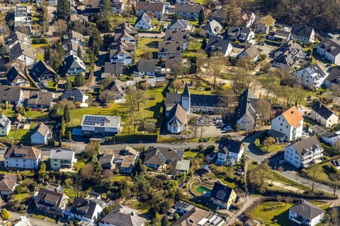 Aerial view, district Holthausen village centre with Evang-Luth. Gnadenkirche, Hohenlimburg, Hagen,