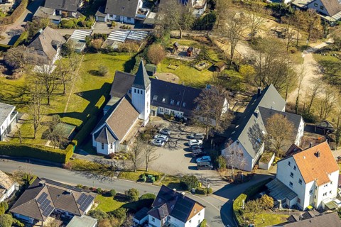 Aerial view, district Holthausen village centre with Evang-Luth. Gnadenkirche, Hohenlimburg, Hagen,
