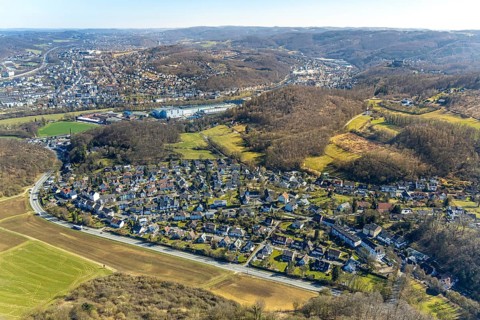 Aerial view, residential area, view of Holthausen district, hilly landscape and wooded area,