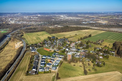 Aerial view, residential area, view of Haßley district with water tower, residential area at the
