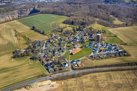 Aerial view, residential area, view of Haßley district with water tower, residential area at the