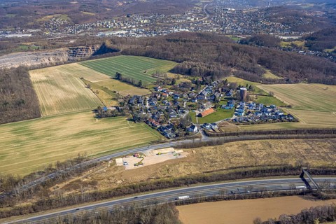 Aerial view, residential area, view of Haßley district with water tower, residential area at the