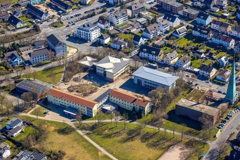 Aerial view, Halden secondary school and KEO school, Evangelical Lutheran St Matthew's Church,