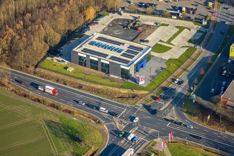 Aerial view, construction area with new Mensing Galerie building on the corner of Werler Straße and