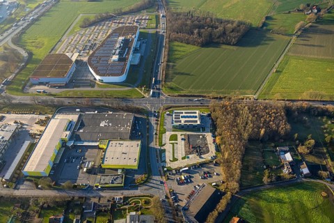 Aerial view, Höffner furniture store Unnaer Straße on the A2 motorway, construction area with new