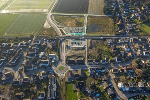 Aerial view, planned local transport connection with stop in Westtünnen, construction site at