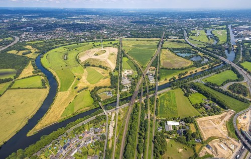 Aerial view, Ruhrbogen with energy park Styrumer Ruhrbogen wind turbine and large Ruhr island,