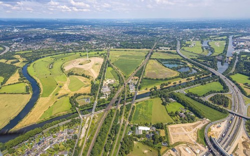 Aerial view, Ruhrbogen with energy park Styrumer Ruhrbogen wind turbine and large Ruhr island,