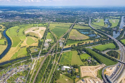 Aerial view, Ruhrbogen with energy park Styrumer Ruhrbogen wind turbine and large Ruhr island,