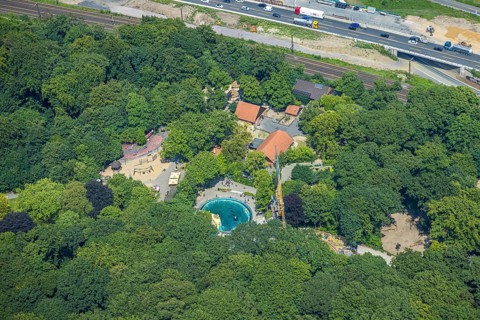 Aerial view, Duisburg Zoo, sea lion enclosure and construction site with modernisation and