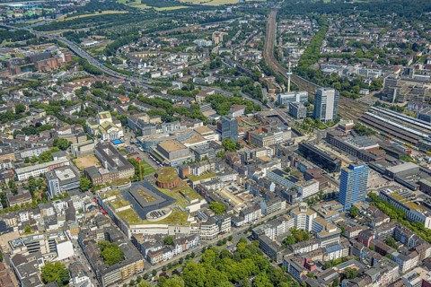 Aerial view, City residential area, Forum Duisburg König-Heinrich-Platz, City Palais, Shopping
