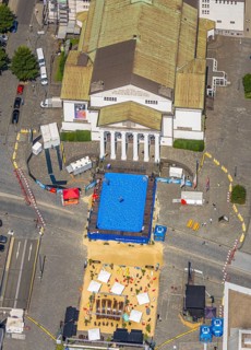Aerial view, swimming pool in front of the municipal theatre, sandy area for gastronomy, old town,