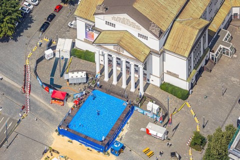 Aerial view, swimming pool in front of the municipal theatre, old town, Duisburg, Ruhr area, North