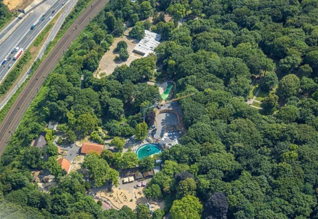 Aerial view, Duisburg Zoo, sea lion enclosure and construction site with modernisation and