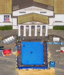 Aerial view, swimming pool in front of the municipal theatre, old town, Duisburg, Ruhr area, North