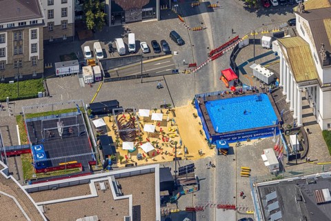Aerial view, swimming pool in front of the municipal theatre, sandy area for gastronomy, old town,