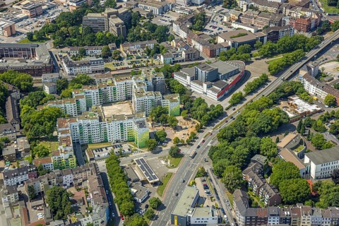 Aerial view, theatre at Marientor and high-rise housing estate Heerstraße City Wohnpark,