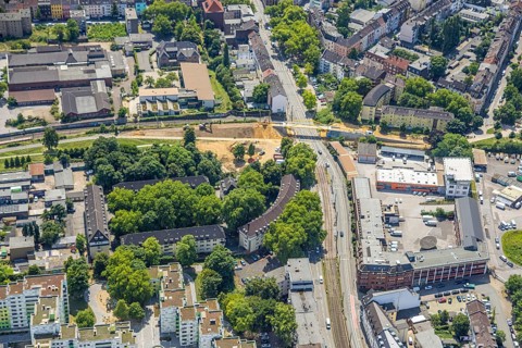 Aerial view, construction site at Dellviertel and new construction of a bridge over Heerstraße,
