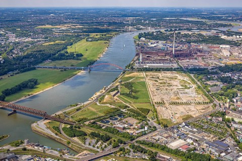Aerial view, Rheinpark Duisburg on the river Rhine and planned residential complex RheinOrt