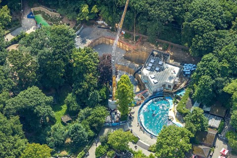 Aerial view, Duisburg Zoo, sea lion enclosure and construction site with modernisation and