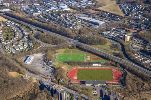 Aerial view, Erich-Berlet-Stadion, formerly Kirchenbergstadion, football stadium and athletics