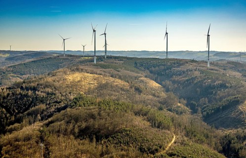 Aerial view, Schlossberg Hohenlimburg, forest area with forest damage and wind turbines,