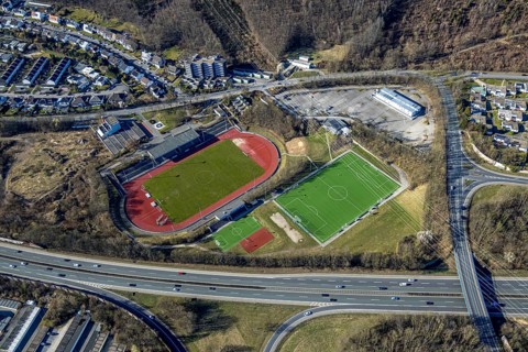 Aerial view, Erich-Berlet-Stadion, formerly Kirchenbergstadion, football stadium and athletics