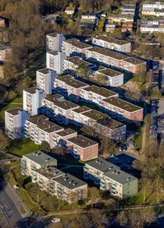 Aerial view, apartment blocks terraced houses on Pappelstraße, Boele, Hagen, Ruhr area, North