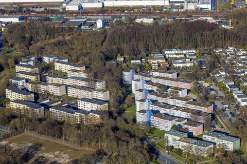 Aerial view, apartment blocks terraced houses on Pappelstraße, Boele, Hagen, Ruhr area, North