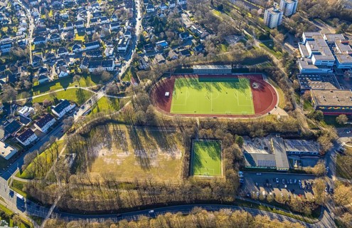 Aerial view, sports facility sports field SV Boele-Kabel 1882 e.V., football stadium, day care