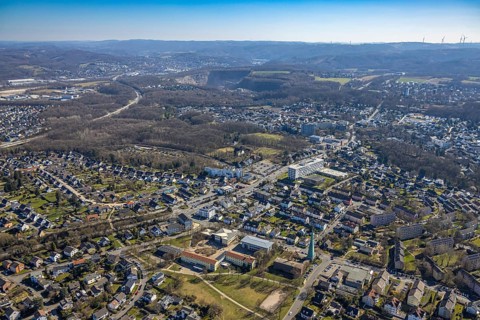 Aerial view, Halden secondary school and KEO school, Matthäuskirche Evangelical Lutheran church,