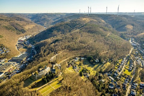 Aerial view, Hohenlimburg Castle and castle park, Schlossberg forest area and wind turbines,
