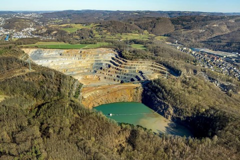 Aerial view, Steltenberg quarry with geological trail and lake, Hohenlimburg, Hagen, Ruhr area,