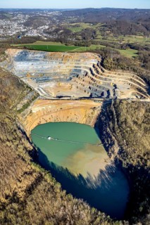 Aerial view, Steltenberg quarry with geological trail and lake, Hohenlimburg, Hagen, Ruhr area,
