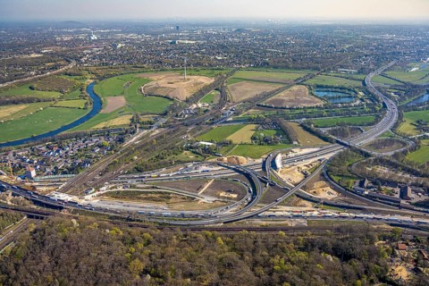 Aerial view, Kaiserberg motorway junction with A3 and A40 motorways, bridge construction and
