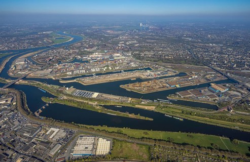 Aerial view, duisport port of Duisburg, port area, oil island, coal island, container terminal and